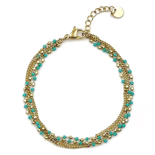 14K Gold Plated Surgical Hypoallergenic Stainless Steel Bohemian Dainty Turquoise Nanobeads Bracelet for Women