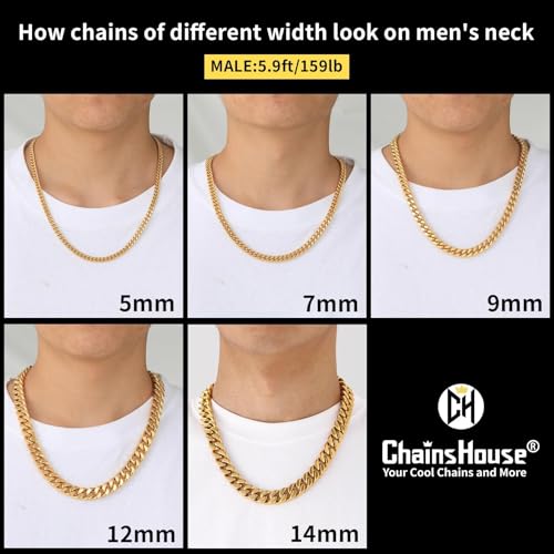 ChainsHouse Stainless Steel Mens Cuban Link Chain, Black/ 18K Gold Plated Miami Cuban Chain Necklace, 5mm/7mm/9mm/12mm/14mm Width, No Tarnish& Durable Hip Hop Mens Jewelry, 18"-30", Send Gift Box - color: e. 5mm width-gold, size: 18 inches