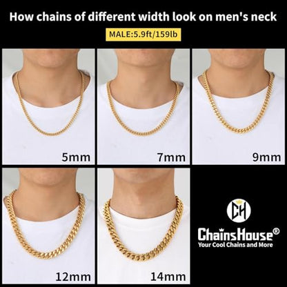 ChainsHouse Stainless Steel Mens Cuban Link Chain, Black/ 18K Gold Plated Miami Cuban Chain Necklace, 5mm/7mm/9mm/12mm/14mm Width, No Tarnish& Durable Hip Hop Mens Jewelry, 18"-30", Send Gift Box - color: e. 5mm width-gold, size: 18 inches