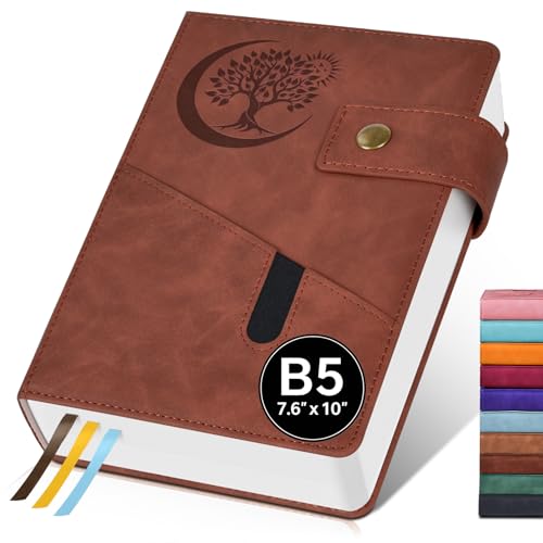 PAIBAS B5 Leather Lined Journal Notebook, 7.6"x10" 366 Pages 100GSM College Ruled Hardcover Diary with 3 Ribbon Bookmarks, Brass Snap & Front Pocket, Journals for Writing Work Travel Men Women - color: Dark Brown, size: B5 (7.6" x 10")