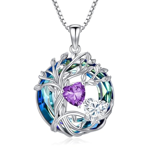 TOUPOP s925 Sterling Silver Family Celtic Tree of Life Pendant Necklaces with 2 Heart Birthstone with Blue Austrian Crystal Jewelry Birthday Valentines Day Gifts for Her, Anniversary Christmas Gifts for Wife Girlfriend Mom (18K Real White Gold Filled) - c