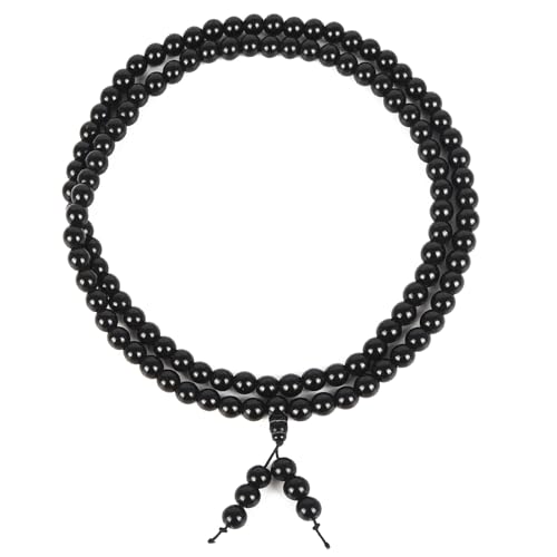108 Obsidian Dragon Beads - Healing Crystal Bracelet/Necklace, Adjustable Elastic Black Buddhist Bead Necklace, Ethnic Style Prayer Beads, Suitable for Meditation, Spiritual Jewelry and Mindfulness, Praying for Good Luck