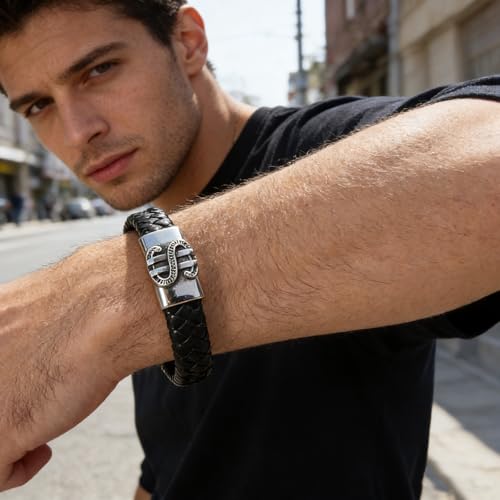 Men's Leather Bracelet, Stackable Stainless Steel Clasp Bracelets for Men Stylish Birthday, Thanksgiving, Valentine's Day Gift for My Man - style: 9" Dollar