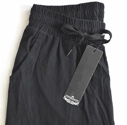 Men's Casual Cotton Linen Pants Elastic Waist Drawstring Beach Summer Lightweight Trousers - color: Black, size: 34