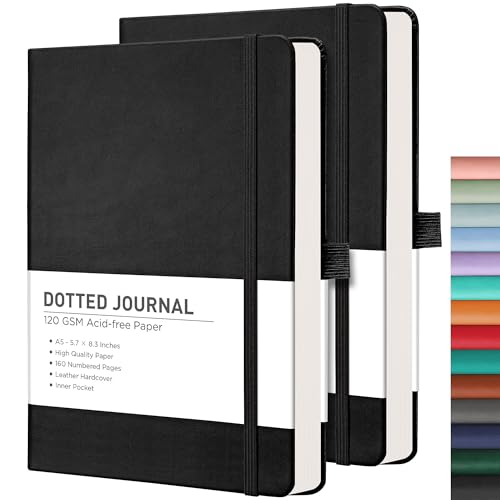 RETTACY Dotted Journal Notebook, 2-Pack, 160 Numbered Pages per Pack, A5 Medium Size (5.7'' x 8.3''), 120 GSM Thick Paper, Leather Hardcover, for Journaling, Planning, Tracking (Black & Black) - color: Black & Black, style: Dotted