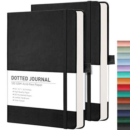 RETTACY Dotted Journal Notebook, 2-Pack, 160 Numbered Pages per Pack, A5 Medium Size (5.7'' x 8.3''), 120 GSM Thick Paper, Leather Hardcover, for Journaling, Planning, Tracking (Black & Black) - color: Black & Black, style: Dotted