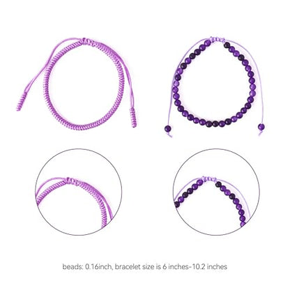 Natural Stone Healing Bracelet Tibetan Braided Style with Adjustable Rope String & Protective Energy Jewelry Gift for Womens & Men - color: Amethyst-Purple