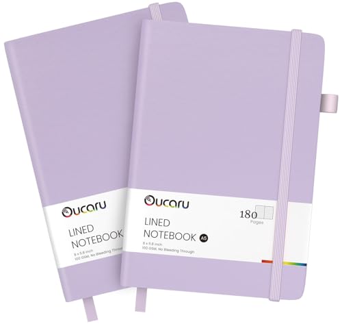 Oucaru Lined Journal Notebook, 2 Pack, 180 Pages, A5 Journals for Writing, 100 GSM Thick Paper, Small Notebooks Daily Journal for Women Men Work, Business, School, Travel Supplies - color: Lavender & Lavender, size: 2 Pack