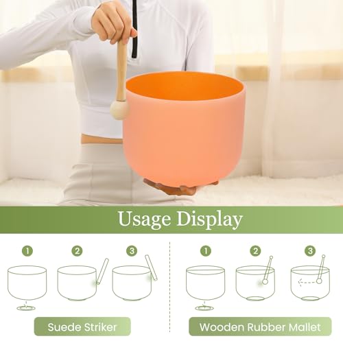 432HZ 11 Inchs Frosted Crystal Singing Bowl Set for Meditation Healing Yoga Chakra Quartz Crystal Sound Bowls with Heavy Duty Carry Case and Rubber Mallet,Suede Striker,O-rings