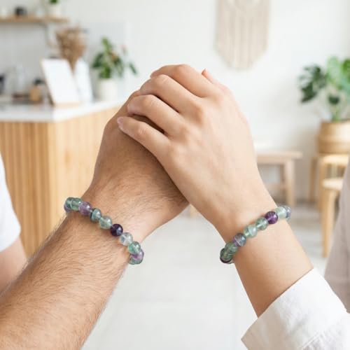 Natural Stone Beaded Bracelets for Women Men - 8MM Semi-Precious Stones Bracelets Adjustable Crystal Beads Stretch Bracelet - color: Colored Fluorite