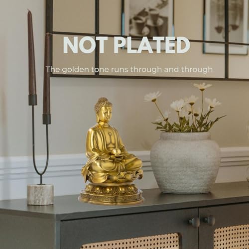 Lost-Wax Cast Genuine Brass Buddha Statue 7.87" – Heavy 3.3lb Handcrafted Meditating Figurine for Zen Garden, Shrine Altar, Meditation Room – Not Plated - color: Gold