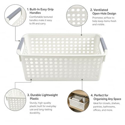 Basicwise Set of 6 Plastic Storage Baskets, 12" x 5" x 5" Ivory Organizer Bins with Handles, Perforated Small Storage Containers for Pantry, Bathroom, Laundry, Closet, Office, Toys, Shelves, Home - size: Set of 6