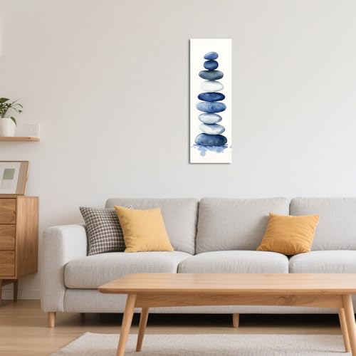 ZQQART Zen Stone Canvas Wall Art Blue and White Zen Stone Paintings Bathroom Pictures Relaxing Spa Meditation Room Spiritual Artwork for Living Room Framed (12W x36L) - size: 12W"x36L"