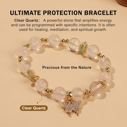 Natural Bead Bracelet 10mm Healing Crystal Bracelet for Women & Men Feng Shui Good Luck Meditation Buddhist Jewelry Handmade Stone Beaded Jewelry for Gift - color: Clear