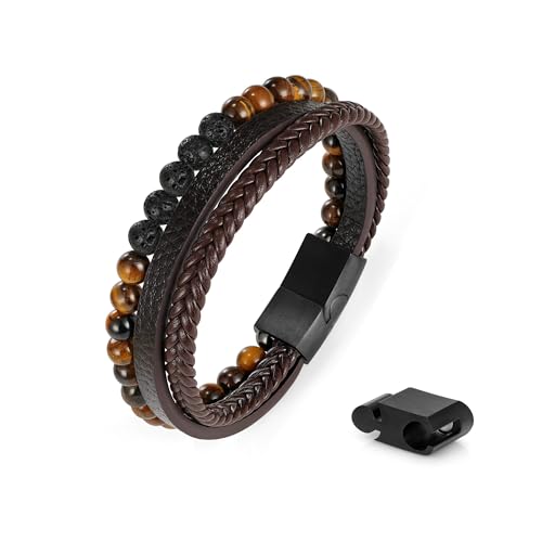 Bracelets for Men - Lava Rock Stone Tiger Eye Bead Bracelet for Men Black Mens Leather Bracelets Mens Anxiety Bracelet Leather Mens Bracelet Leather Bracelet for Mens Jewelry Men Gifts for Dad Husband