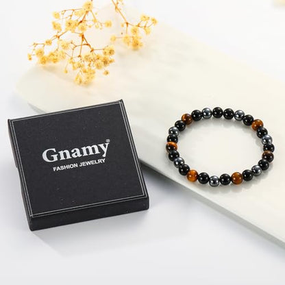 Gnamy Crystal Bracelet Gifts for Men Him- Triple Protection Hematite Black Obsidian Tiger Eye Gemstone Beaded Bracelets Birthday Healing Jewelry Gifts - style: Style 6