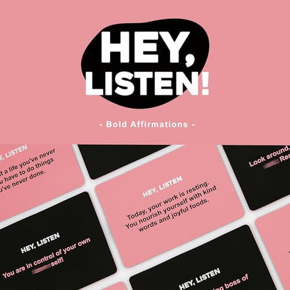Hey Listen Affirmation Cards, 53 Daily Positive Motivational Cards with Wooden Stand, Boost Confidence, Achieve Goals, Mindfulness Inspirational Meditation Cards, Self-Care, Funny Gifts
