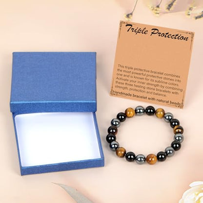 LPBeads Handmade Natural Gemstone Stretch Elastic Bracelet Healing Crystal Round Stone Beads Jewelry Gifts for Women Men - color: Onyx Tiger Hematite Mixed, size: 10mm