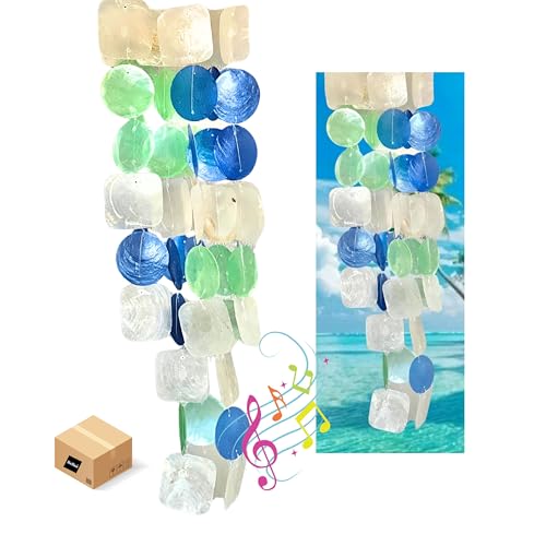 Bellaa 22906 Wind Chimes Outdoor, Garden Decorations, Musical, Indoor/Outside Windchimes, Gifts for Mom, Capiz Sea Glass Shells - color: Light Sky