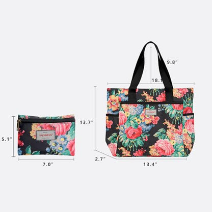 GAENMESN Women's Lightweight Waterproof Tote Bag Durable Designer Handbag with Zipper Travel Commute Everyday Use - color: Black Flower