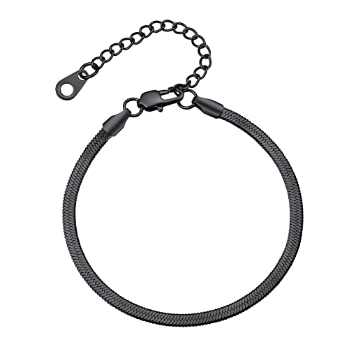 FindChic Elegant Herringbone Snake Chain Anklets/Bracelets 3MM/5MM Width Stainless Steel/18K Gold/Rose Gold Plated/Black 4 Color Options, 8.3'' 8.5'' 10.5'' Length, with Gift Box - color: B: 3mm 6.3'' bracelet (Black)