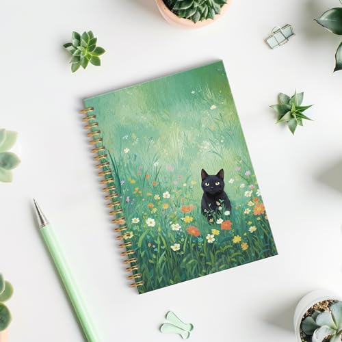 ROXMART Black Cat Wildflower Field Spiral Notebook, Black Cat Gifts Journal, Gifts for Cats Lovers, Rustic Floral Cute Kitty Kitten Hardcover Notebook Journal, 5.5x8.3 Inch - color: Style06