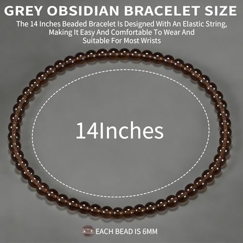 14in Agate Wrap Bracelet for Women Men Natural Round Beaded Agates Stone Healing Stretch Bracelets Elastic Handmade Polished Gemstone Beads Bracelet - color: Grey Obsidian, size: 6mm Beads