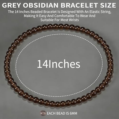 14in Agate Wrap Bracelet for Women Men Natural Round Beaded Agates Stone Healing Stretch Bracelets Elastic Handmade Polished Gemstone Beads Bracelet - color: Grey Obsidian, size: 6mm Beads
