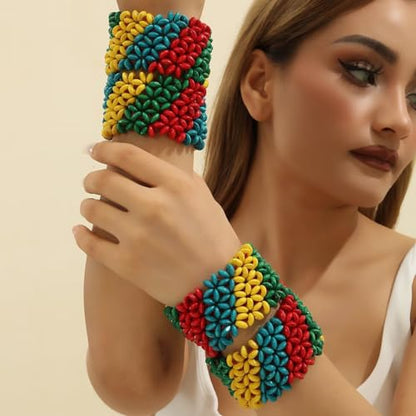 Zian Bohemian Wooden Beaded Bracelets for Women Handmade Colorful Wide Chunky Elastic Stretch Bracelets Boho Wristband Summer Beach Jewelry - color: Colorful