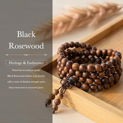 Nupuyai Natural Wood Wrap Bracelet for Women and Men, 108 Prayer Mala Beads Tibetan Necklace for Unisex Elastic Meditation Yoga Jewelry - color: 01-Black Rosewood(6mm)