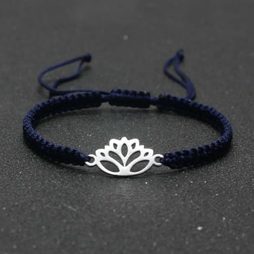 Lotus Symbol Bracelet for Women - Adjustable Cord, Silver Pendant, Spiritual Jewelry Gift - style: Navy Blue