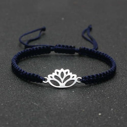 Lotus Symbol Bracelet for Women - Adjustable Cord, Silver Pendant, Spiritual Jewelry Gift - style: Navy Blue