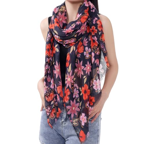 MELIFLUOS DESIGNED IN SPAIN Scarf for Women Lightweight Floral Flower Scarves for Summer Fall Shawl Wrap - color: Barcelona Collections 49 -Black and Red Flower Pattern