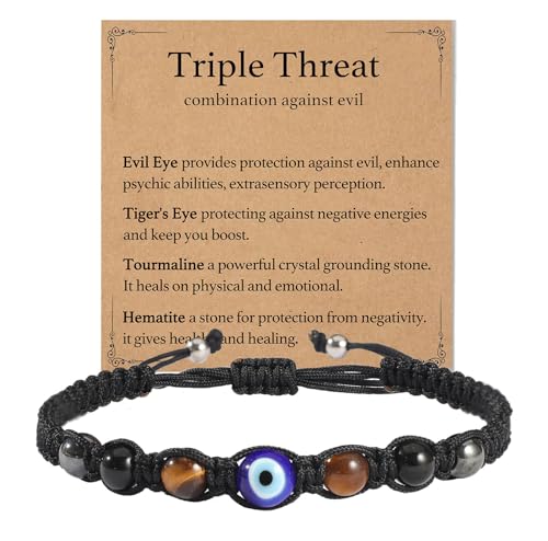 Triple Threat Protection Bracelet for Women,Evil Eye Natural Healing Crystal Beaded Bracelet for Protection - style: Evil Eye Braceet (String)