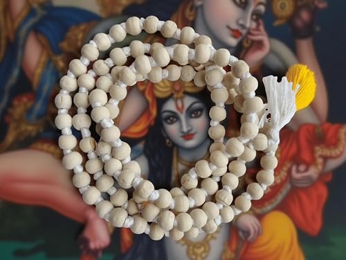 BHAVICREATION Tulsi Mala 108 Beads for Neck with Gaumukhi Jap Mala Bag for Pooja Worship (White Tulsi Mala 8 mm) - color: White Tulsi Mala 8 MM