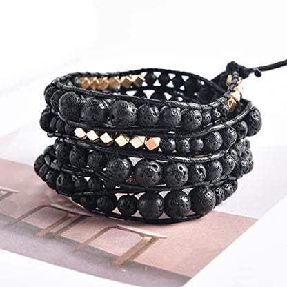 YGLINE Natural Stone Wrap Bracelet for Women Boho Bracelets Healing Crystal Beaded Bracelet Adjustable 3/5 Wraps Bracelet Handmade Birthday Gifts for Women - color: lava stone-3w