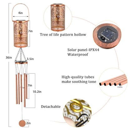 36" Solar Wind Chimes Hanging Lights Outdoor Detachable Led Lantern Metal Wind Chimes for Outside Unique Tree Life Garden Hanging Solar Decorative as Gift for Mom Women Grandma (Bronze) - size: 36‘’-Tree