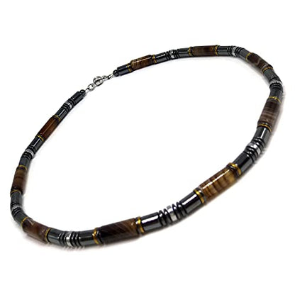 Healing Stress Anxiety Meditation Grounding Energy Gemstone Necklace Series - color: Brown Agate & Hematite -6 mm- Stone Tube Beads