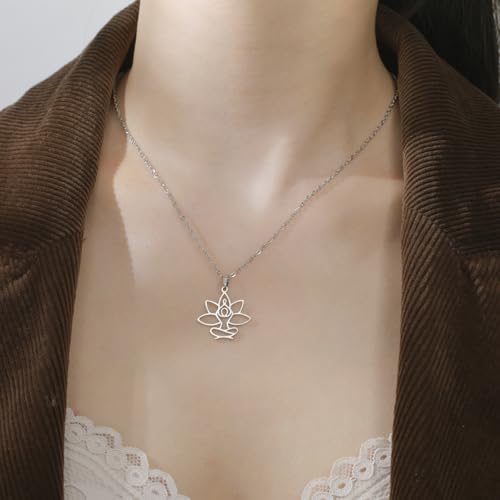 UNIFT Lotus Meditation Necklace For Women Stainless Steel Om Yoga Spiritual Symbol Hollow Out Hindu Yoga Jewelry Inspirational Amulet Gift - color: silver