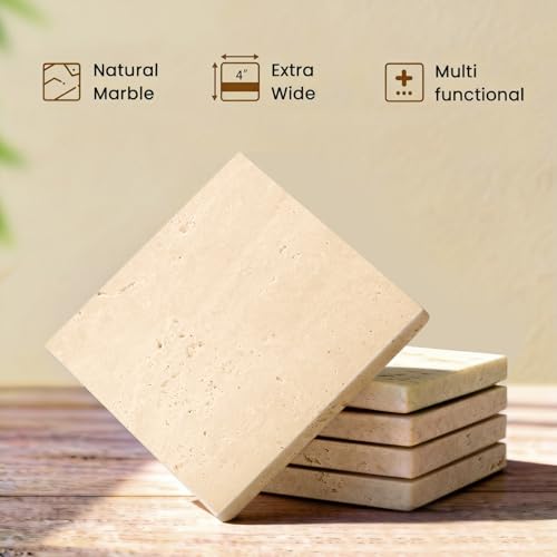 Natural Marble Coasters, Square Costers, Luxury Aesthetic Modern Decor for Coffee Table Bar Kitchen Home, Travertine Marble, Real Natural Semi Absorbent Stone Coasters