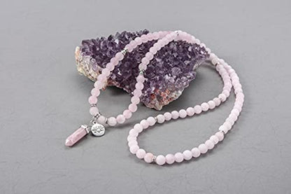 Jovivi 108 Mala Beads Bracelet 8mm Natural Amethyst Rose Quartz Healing Crystal Stone Mala Prayer Bead Necklace Hexagonal Prism Gemstone Reiki Pointed Pendant for Yoga Meditation Energy Balancing - color: Matte Rose Quartz Crystal
