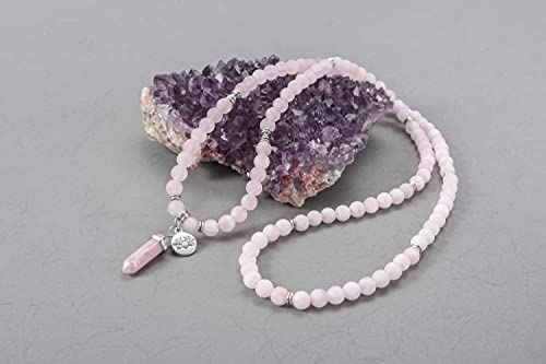 Jovivi 108 Mala Beads Bracelet 8mm Natural Amethyst Rose Quartz Healing Crystal Stone Mala Prayer Bead Necklace Hexagonal Prism Gemstone Reiki Pointed Pendant for Yoga Meditation Energy Balancing - color: Matte Rose Quartz Crystal