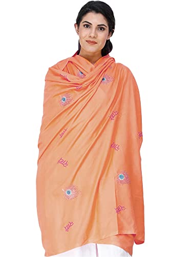 Exotic India Radhe Prayer Shawl with Embroidered Peacock Feather - PolyCotton - color: Coral Reef
