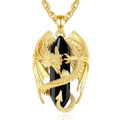 INFUSEU Unique Dragon Necklaces with Healing Crystal Stone for Men Women, Personalized Spiritual Gifts, 24 Inch Chain - color: Gold-Obsidian