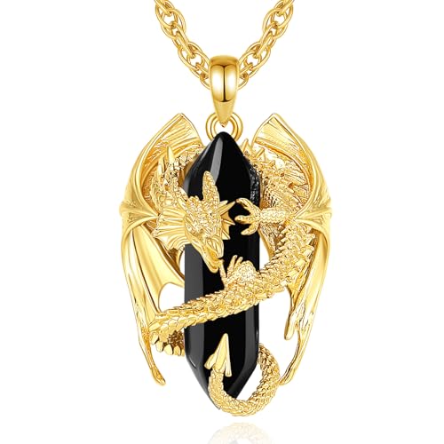INFUSEU Unique Dragon Necklaces with Healing Crystal Stone for Men Women, Personalized Spiritual Gifts, 24 Inch Chain - color: Gold-Obsidian