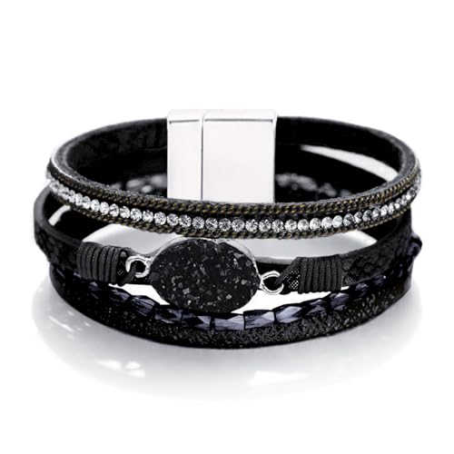 Fesciory Leopard Bracelet for Women, Boho Leather Wrap Multi-Layer Pearl Crystal Bracelet Bangle Jewelry - style: Black Stone(Short)