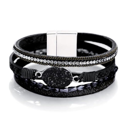 Fesciory Leopard Bracelet for Women, Boho Leather Wrap Multi-Layer Pearl Crystal Bracelet Bangle Jewelry - style: Black Stone(Short)