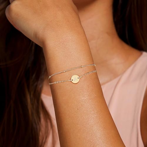 MONOZO Gold Initial Bracelets for Women Girls Jewelry Gifts Trendy - Dainty 18K Gold Plated Disc Monogram Letter A-Z Initial Bracelets for Women Girls Teens Personalized Letter Bracelet Birthday Gifts - color: Gold, style: N