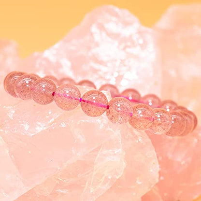 8mm Natural Gemstone Stretch Bracelet, Handmade Unisex Crystal Bracelets for Meditation, Yoga, Spiritual Healing & Positive Energy - color: Strawberry quartz