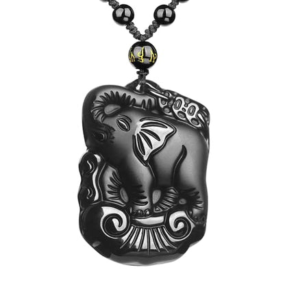 Black Obsidian Necklace Protection Pendant with Extended Bead Chain Healing Crystal Stone Amulet Necklace for Men Women - color: ElephantA